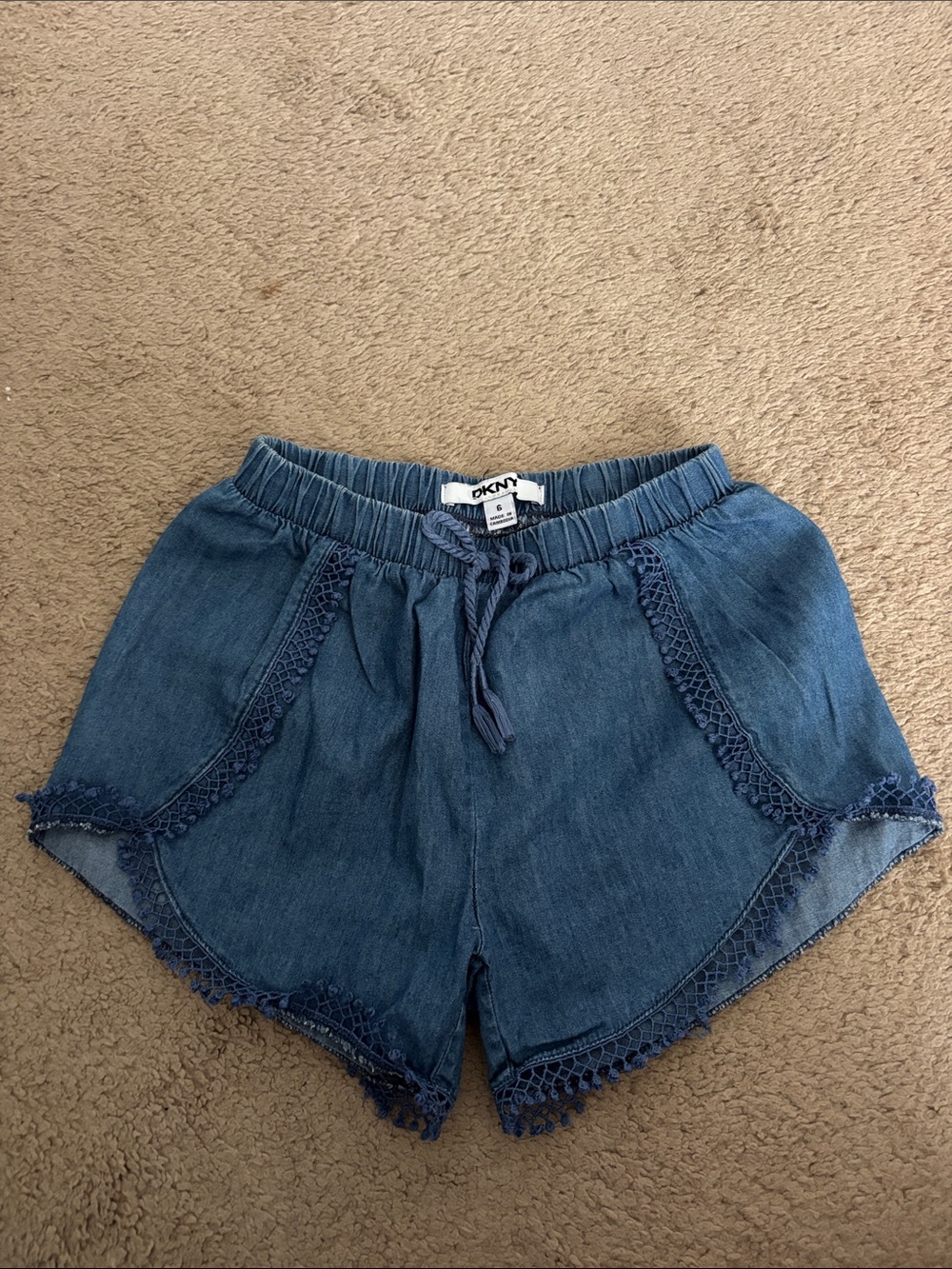 DKNY Blue Chambray High-Waist Drawstring Shorts with Crochet Trim
